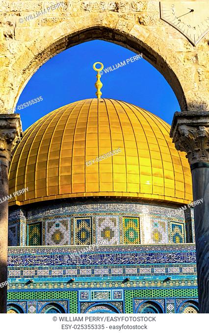 Dome of the Rock Islamic Mosque Temple Mount Jerusalem Israel. Built in 691 One of most sacred spots in Islam where Prophet Mohamed ascended to heaven on an...