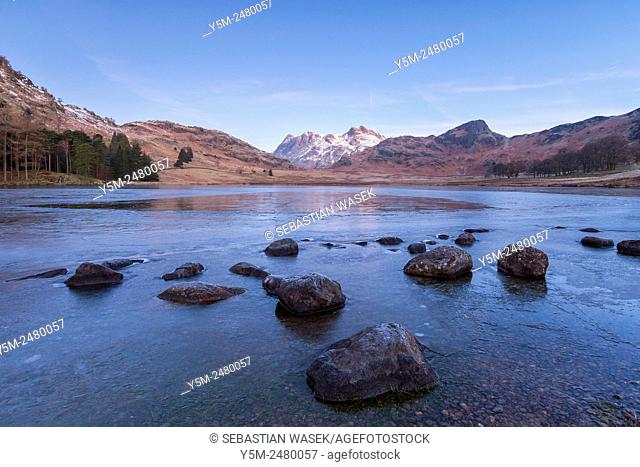 The Langdale Pikes in winter from the Blea Tarn, Lake District National Park, Cumbria, England, United Kingdom, Europe