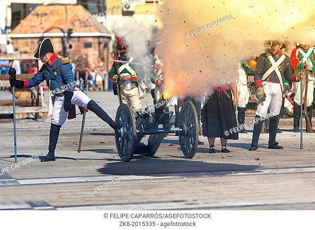 French troops firing cannon on the battlefield during the Representation of the Battle of Bailen, Bailen, Jaen province, Andalusia, Spain