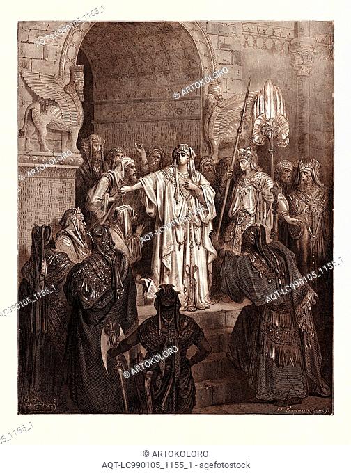 THE QUEEN VASHTI REFUSING TO OBEY THE COMMAND OF AHASUERUS, BY GUSTAVE DORÉ. Gustave Dore, 1832 - 1883, French. Engraving for the Bible