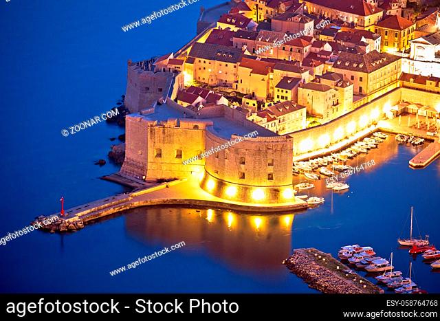 Dubrovnik harbor and strong defense walls aerial view, Dalmatia region of Croatia