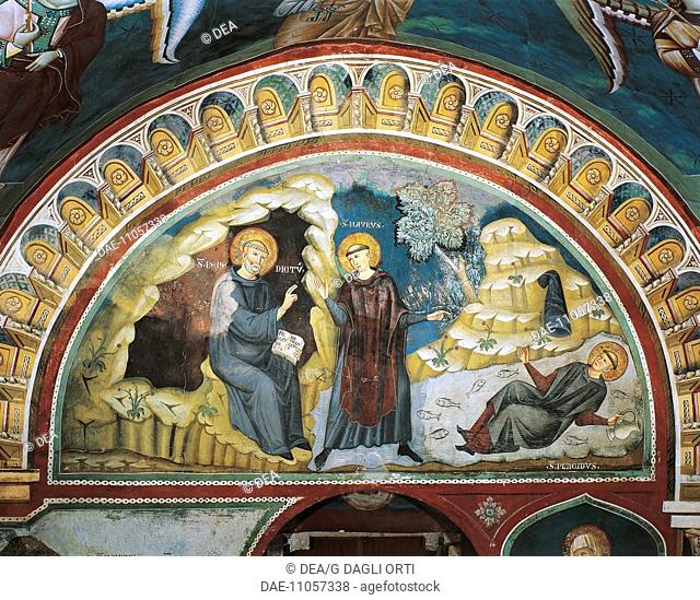 The Miracle of the Rescue of St Placidus, 13th century fresco by the First Assistant of Consolo. The Lower Church of Sacro Speco Monastery, Subiaco