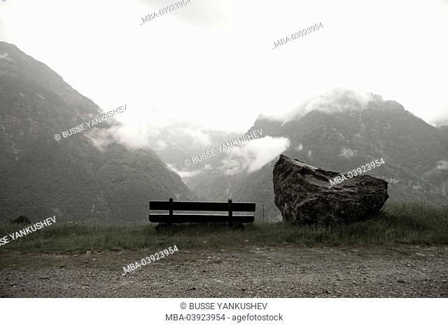 Switzerland, Tessin, Valle Verzasca, Monte Valdo, mountain scenery, bench