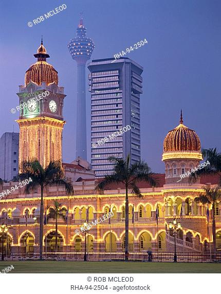 The Sultan Abdul Samad Building, formerly the Secretariat, illuminated at dusk, seen from Merdaka Square, Kuala Lumpur, Malaysia, Southeast Asia, Asia