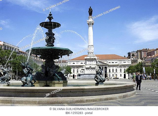 Bronze fountain and statue of King Pedro IV in the square Praca Rossio, Baixa District, Lisbon, Portugal, Europe