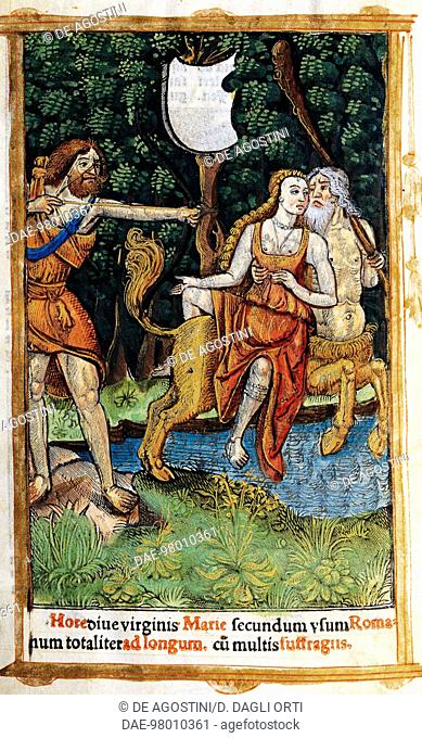 Hercules and the Centaur, miniature from a Book of Hours, early 16th century, Latin manuscript, code 1268, folio 1 recto