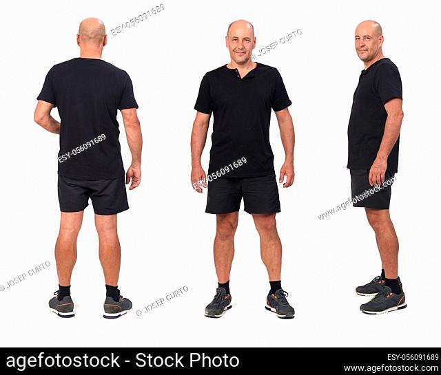 front, side and rear view of a same man wearing sports shirt and shorts,