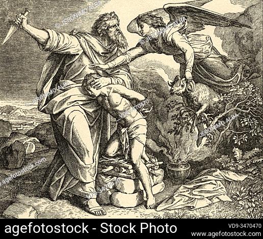 Genesis. The Sacrifice of Isaac. Abraham offering his son Isaac as a sacrifice to God. Because of his obedience, God freed him from his vow and placed a ram...