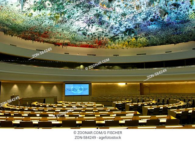 Kuppeldecke im Saal der Menschenrechte und der Allianz der Zivilisationen, Gestaltung der Deckenkuppel von Miquel Barcelo, UNO, Palais des Nations, Genf