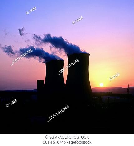 Nuclear power plant 'Cruas-Meysse' at sunset, Tricastin, Provence, France