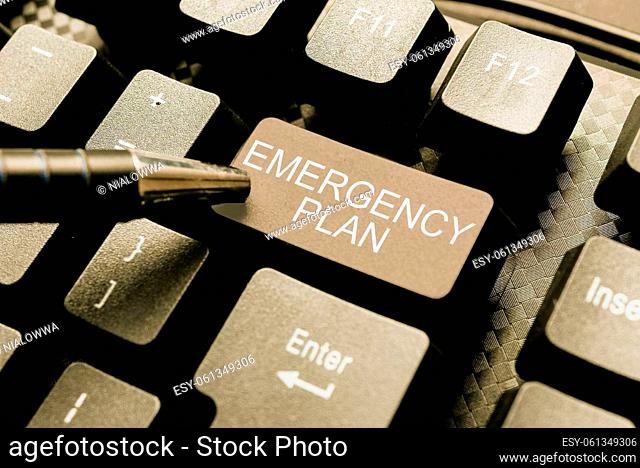 Sign displaying Emergency Plan, Business concept instructions that outlines what workers should do in danger Fixin G Coding String Arrangement