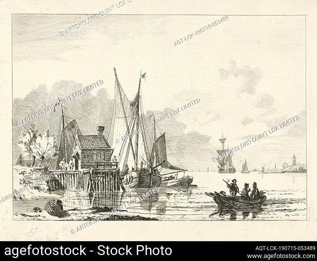 River view with moored sailing ships, Wooden house near a pier with moored sailing ships and a rowing boat with three men in it in the right foreground