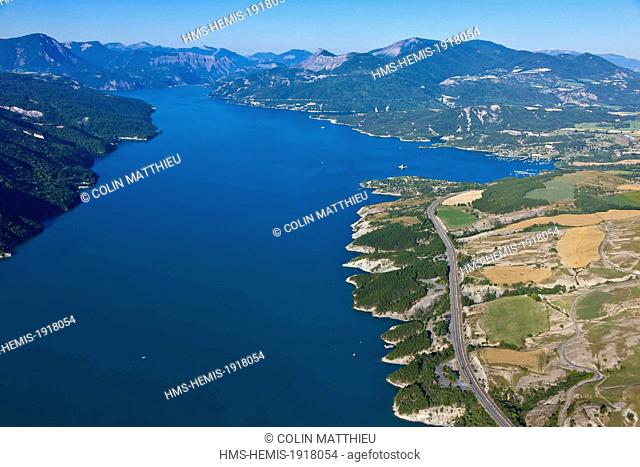 France, Hautes Alpes, Serre Poncon lake, Savines le Lac, Saint Michel Bay (aerial view)