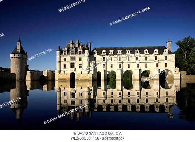 France, Chenonceaux, view to Chateau de Chenonceau with water reflection
