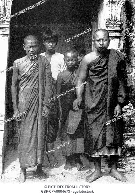 Thailand: Two Buddhist monks with a pupil and servants, late-19th century
