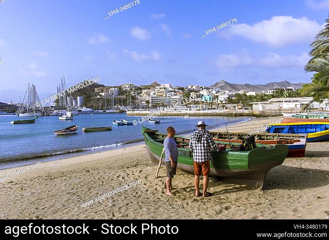 Fishing boat on the Beach at Praia de Bote and Porto Grande Bay, Mindelo, Sao Vicente, Cape Verde Islands, Africa