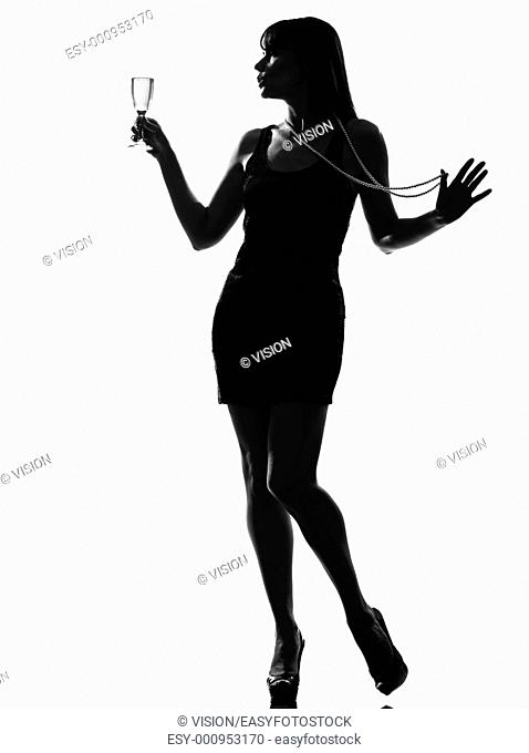 stylish silhouette caucasian beautiful woman partying drinking champagne flute glass cocktail full length on studio isolated white background