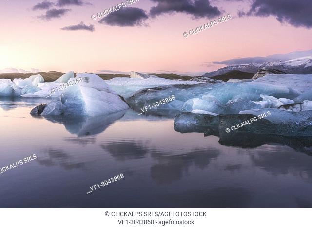 Jokulsarlon, East Iceland, Iceland. Ice formations on the beach at sunrise