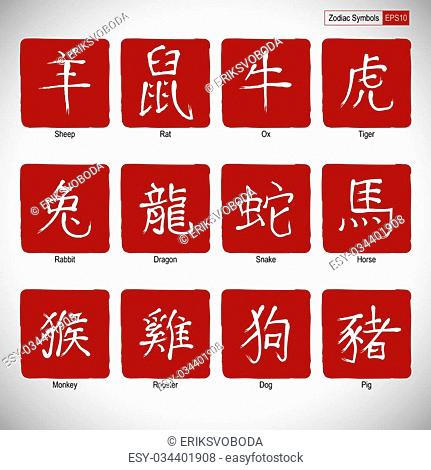 Chinese calligraphy zodiac on red background. Hieroglyphics year. illustration