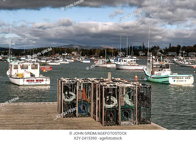 Lobster boats and traps at Bass Harbor, Maine, USA