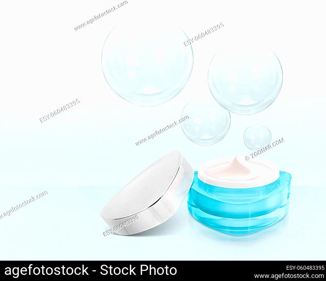 Blue triangle cosmetic jar on bubble background