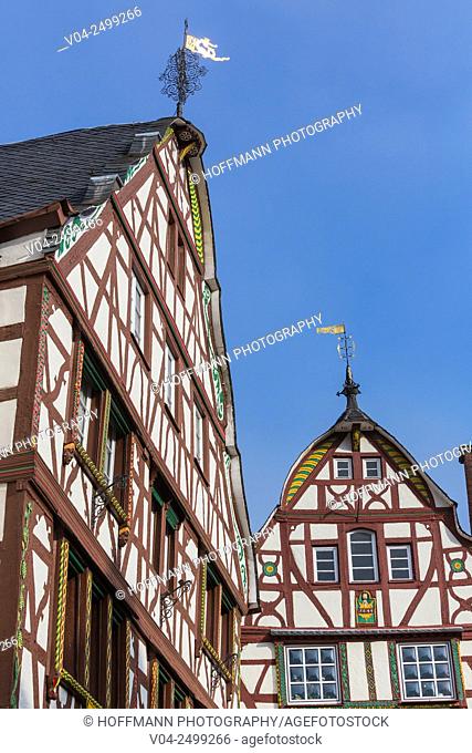 Close up of picturesque timbered houses at the market square in the beautiful village of Bernkastel-Kues, Rhineland-Palatinate, Germany, Europe