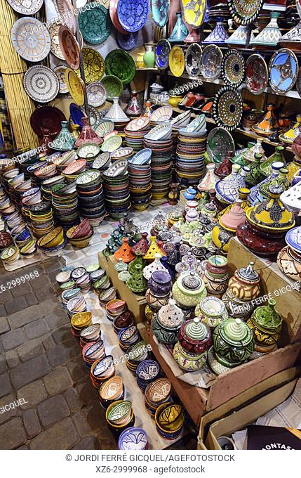 Typical stand with ceramics in the souk of Marrakech, Medina of Marrakesh, Morocco, Africa