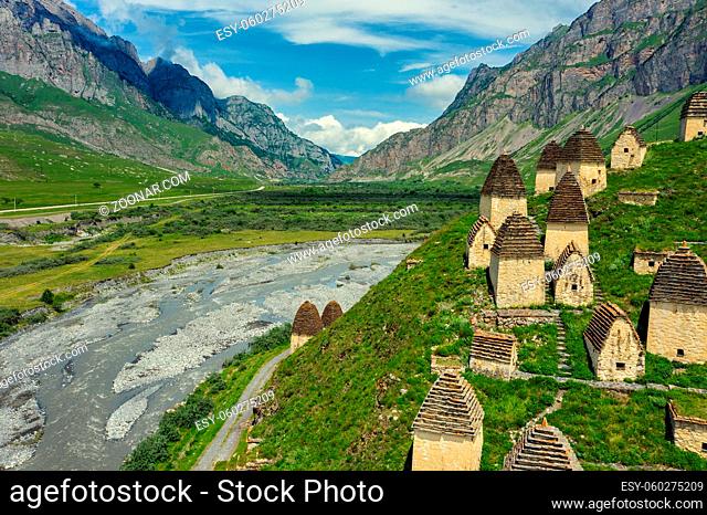 Dead Town Dargavs In North Ossetia. The ancient cemetery of the Alans. Many small stone mausoleums, standing on the side of a mountain