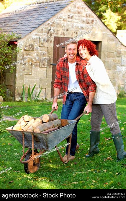 couple, farm, wheelbarrow