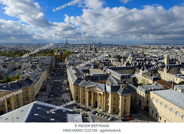 France, Paris, Latin Quarter, the Soufflot street, the town hall of the fifth arrondissement on the left and the entrance to the Faculty of Law on the right