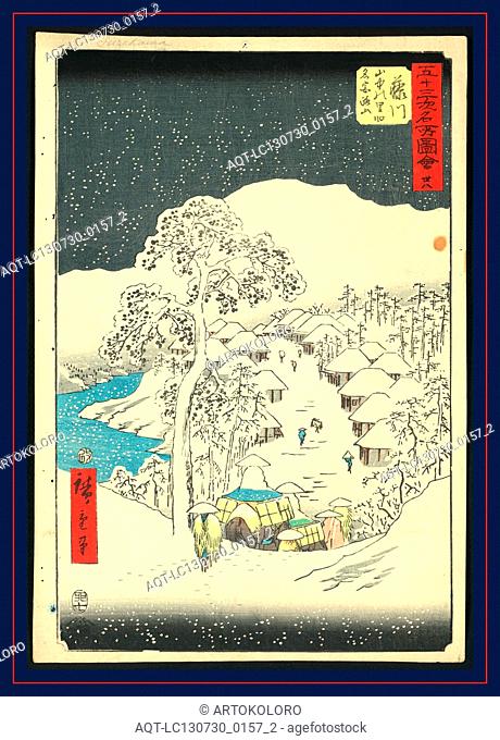 Fujikawa, Ando, Hiroshige, 1797-1858, artist, [ca. 1855], 1 print : woodcut, color ; 36 x 24.7 cm., Print shows pilgrims passing through a small village in a...