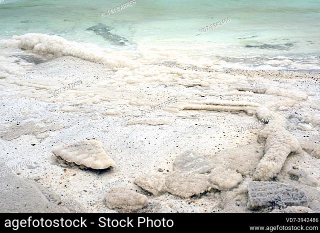 Dead Sea view from Jordan border with salt deposits