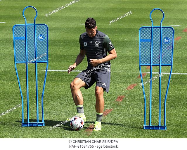 Germany's Mario Gomez in action during a training session of the German national soccer team on the training pitch next to team hotel in Evian, France