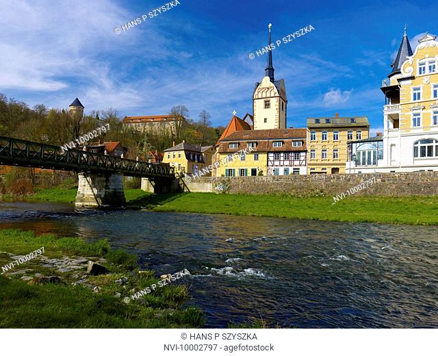 Bridge over White Elster River, Untermhaus with Schlossberg, Gera, Thuringia, Germany