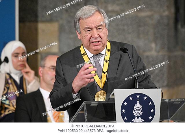 30 May 2019, North Rhine-Westphalia, Aachen: Antonio Guterres, Secretary General of the United Nations, speaks at the award ceremony of the International...