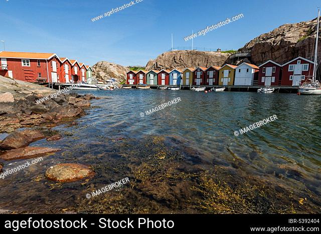 Boathouses, Smögen Harbour, Smögenbryggan, Västra Götalands Län, Bohuslän, Sweden, Europe