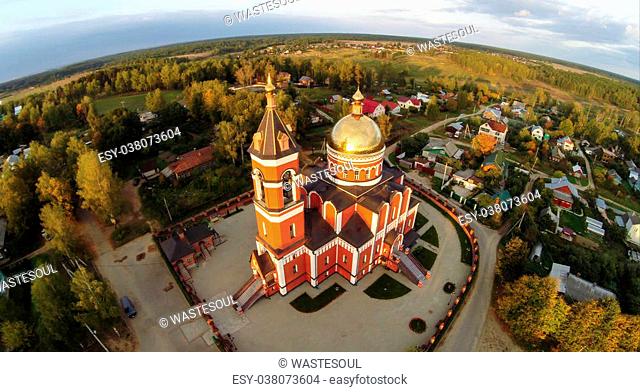 Aerial view of the Trinity church in Karabanovo near Alexandrov in Russia