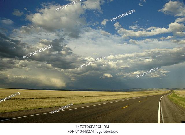 Albany County, WY, Wyoming, road, prairie, rain clouds, open range
