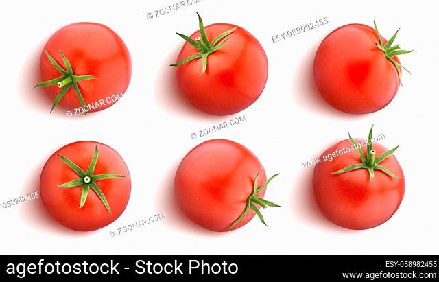Fresh tomato isolated on white background, flat lay, top view