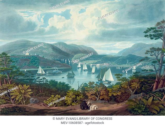 West Point, from Phillipstown. Boats on Hudson river, two goats on hill in foreground, mountains in background. Date c1831