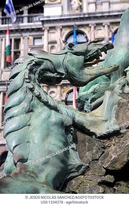 Detail of the Brabo Fountain in Grote Markt, the main square of Antwerp  Belgium