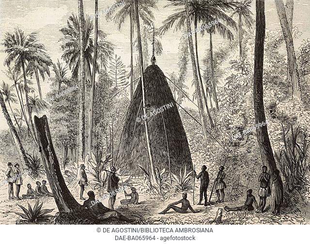 Gelina tribal home in Kanala, New Caledonia, illustration by Smeeton Tilly from L'Illustration, Journal Universel, No 1696, Volume LXVI, August 28, 1875
