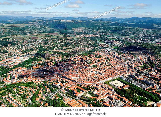 France, Haute Loire, Le Puy-en-Velay, gathered around its cathedral Notre-Dame (end of the XIth - beginning of the XIIth century) (aerial view)