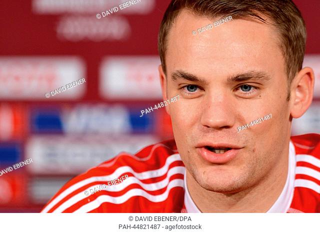 Bayern Munich's goalkeeper Manuel Neuer speaks during a press conference at the 'Stade Adrar' stadium following a practice session of Bayern Munich in Agadir