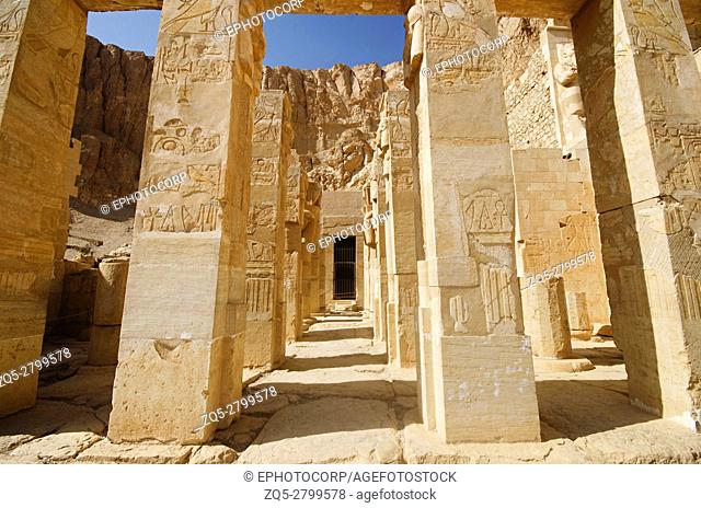 Carved pillars, Situated at third floor of the Mortuary Temple of Hatshepsut, Is an ancient funerary shrine, Dedicated to the sun god Amon