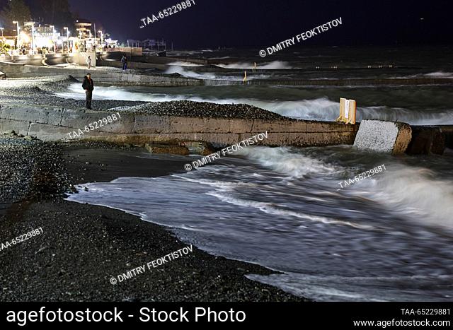 RUSSIA, SOCHI - NOVEMBER 26, 2023: A view of breakwaters as high winds and waves hit the resort of Sochi during a storm at Russia's Black Sea coast