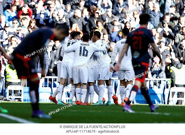 2016 La Liga Football Real Madrid v Celta de Vigo Mar 5th. 05.03.2016. Madrid, Spain. Kepler Laveran Lima Ferreira (3) Real Madrid celebrates after scoring his...