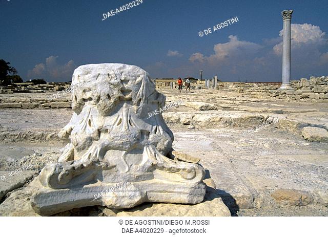 Capital of a column in the agora, archaeological site of the ancient city of Kourion, area of Limassol, Cyprus