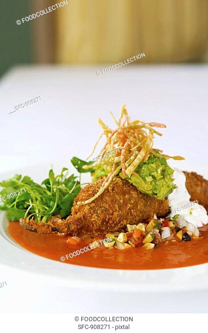 Chile Relleno filled with Prawns and Scallops and topped with Corn Relish and Guacamole