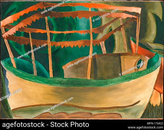 Fishboat. Artist: Arthur Dove (American, Canandaigua, New York 1880-1946 Huntington, New York); Date: 1930; Medium: Oil on paperboard nailed to wood strainer;...
